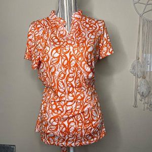 Newport News Global Exclusive Womens Wrap Blouse Circular Design Orange White L